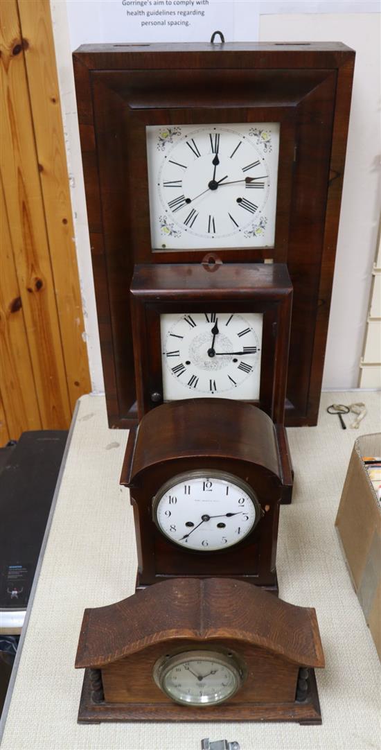 An American rosewood wall clock, a similar shelf clock and two mantel clocks